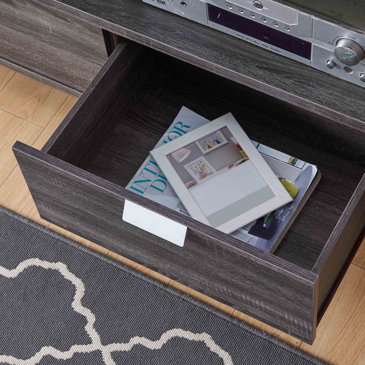 Grey TV Stand with Two Drawers, Open Shelving, and Wire Management