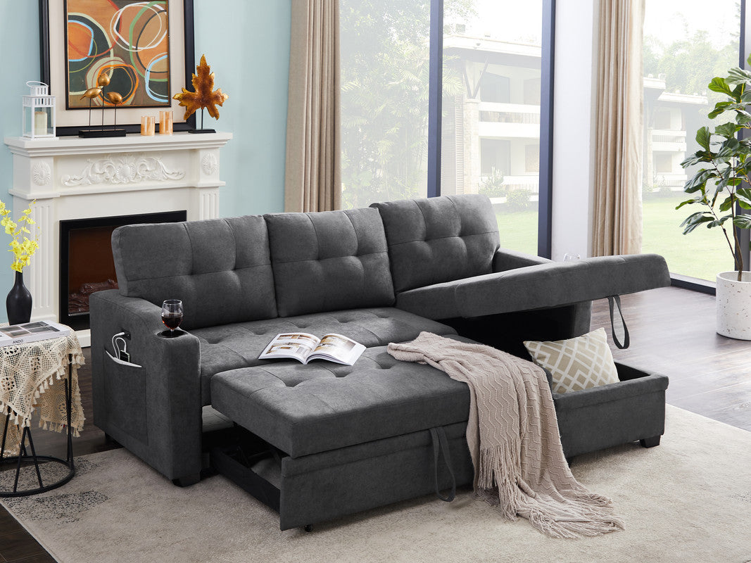 Mabel Dark Grey Fabric Sleeper Sectional with Cupholder, USB Charging Port, and Storage Pocket