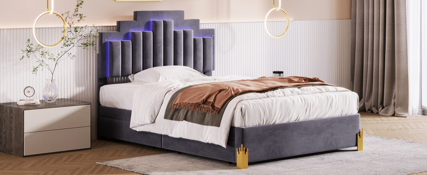 Full Size Upholstered Platform Bed with LED Lights and 4 Drawers, Stylish Irregular Metal Bed Legs Design, Gray