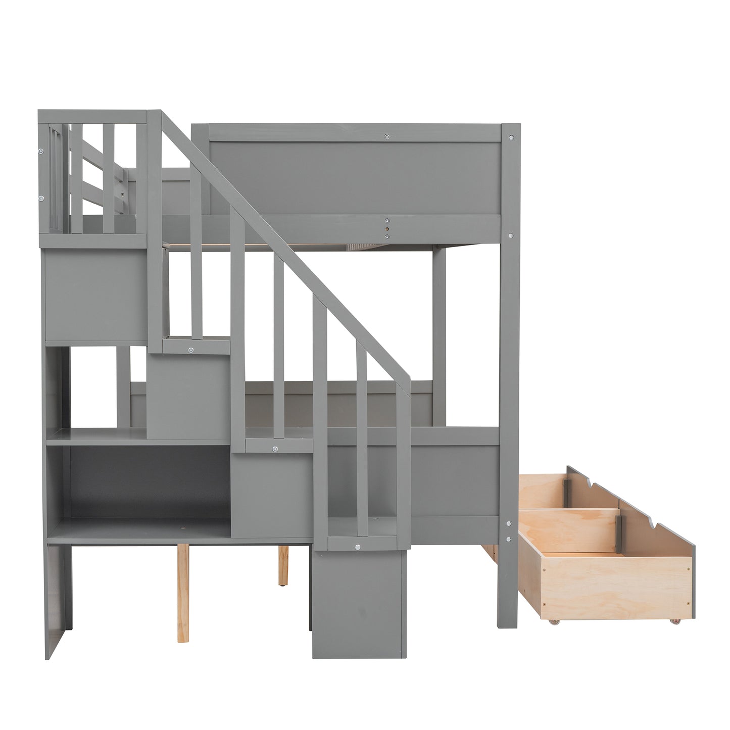 Twin over Full Bunk Bed with Storage Staircase, Drawers, and Shelfs in Gray