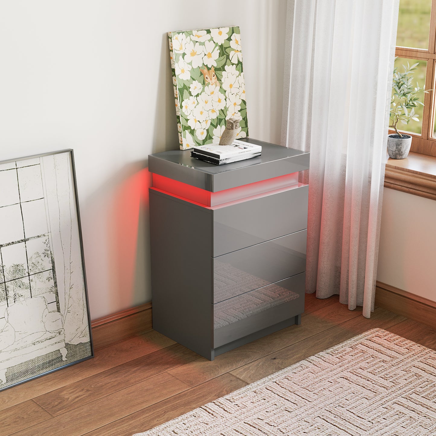 Modern Gray Nightstand with LED Lights and 3 Drawers