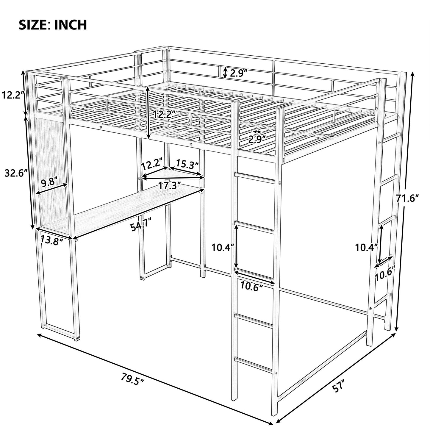 Full Size Metal Loft Bed with 2 Shelves and one Desk ,Black