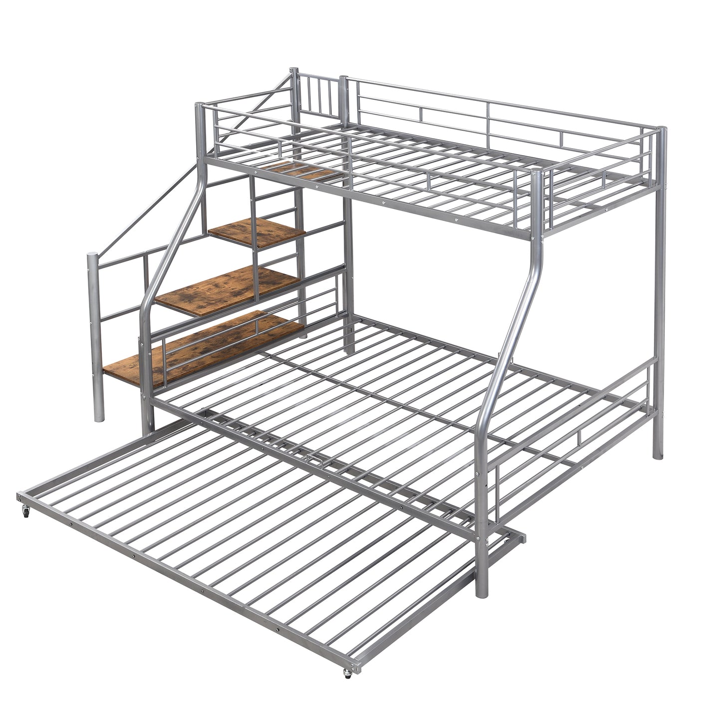 Silver Metal Bunk Bed with Trundle and Storage Staircase