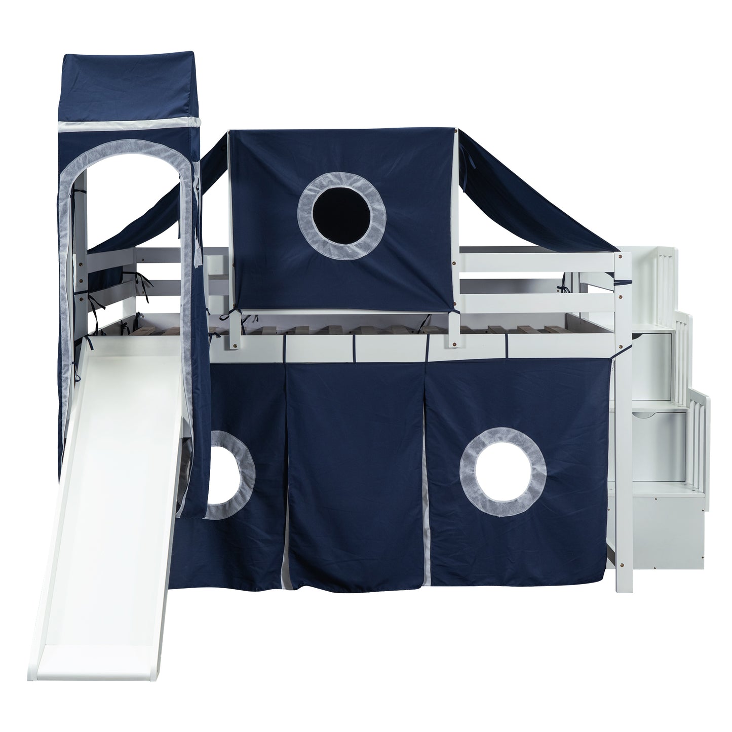 Full Size Loft Bed with Tent and Tower - Blue