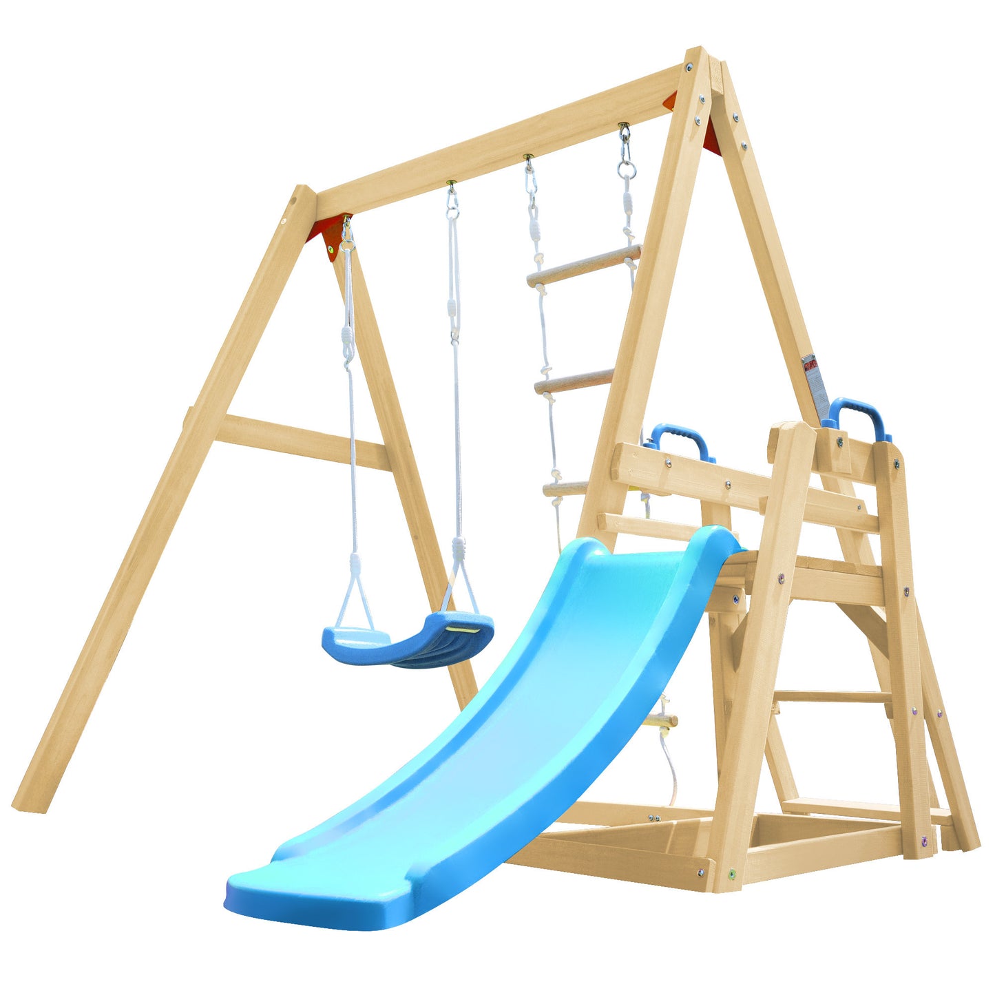 Wooden Swing Set with Slide and Climbing Rope Ladder for Toddler and Kids