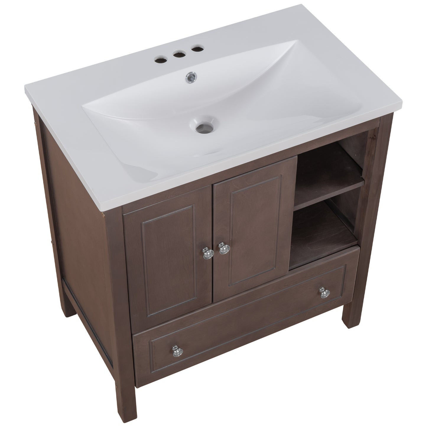 30" Bathroom Vanity with Sink, Bathroom Storage Cabinet with Doors and Drawers, Solid Wood Frame, Ceramic Sink, Brown