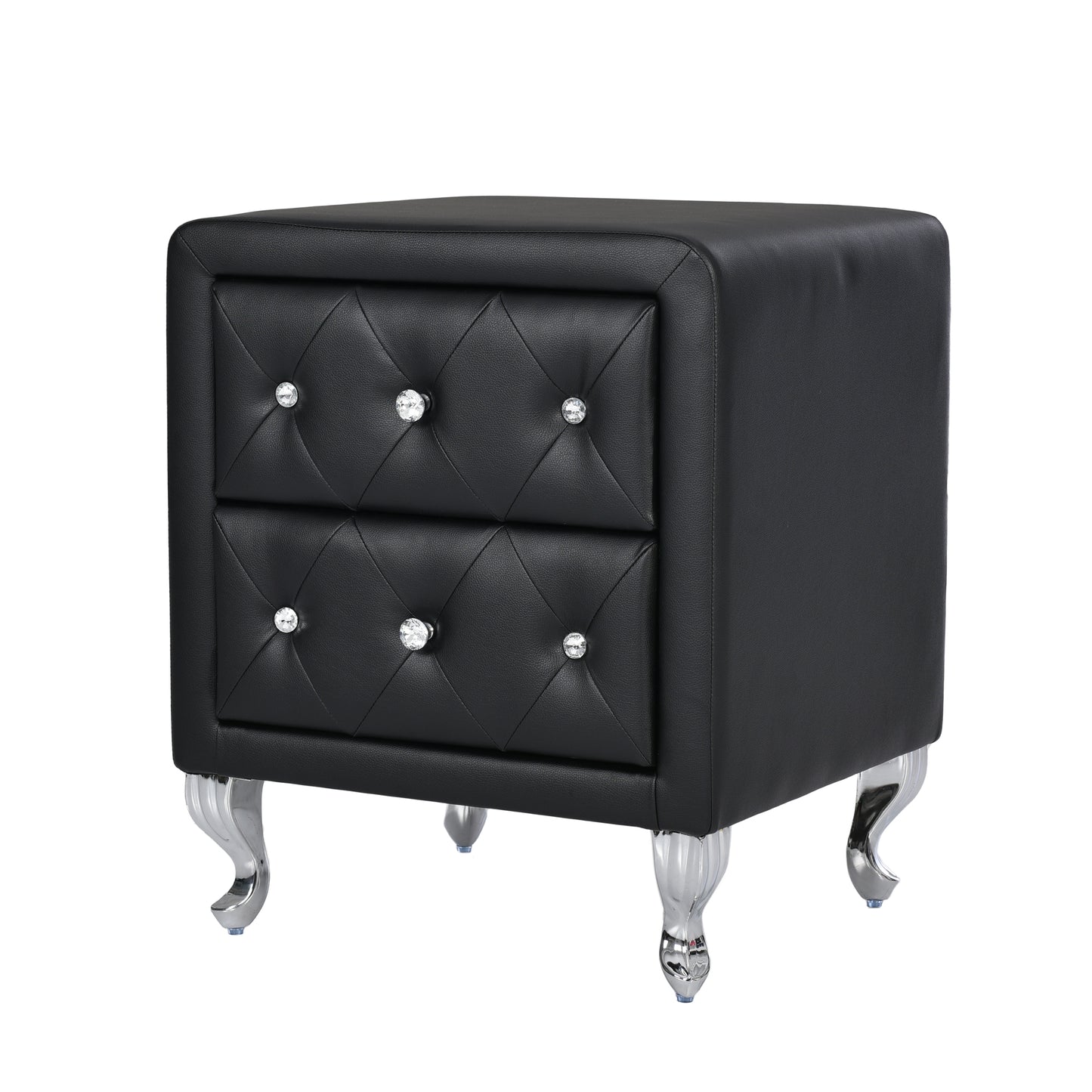 Elegant PU Nightstand with 2 Drawers and Crystal Handle,Fully Assembled Except Legs&Handles,Storage Bedside Table with Metal Legs - Black