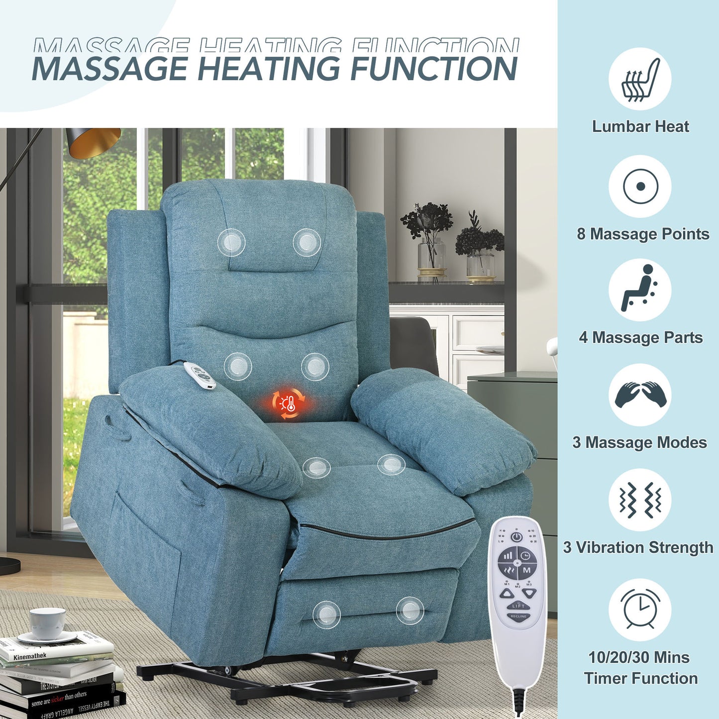 Adjustable Heat and Massage Blue Power Lift Recliner Chair with Infinite Position