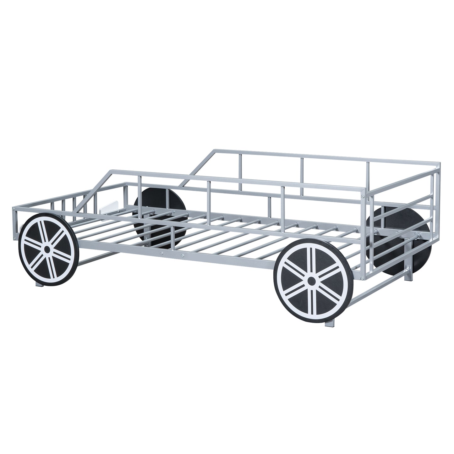 Metal Twin Size Car-shaped Platform Bed with Wheels and Headlights Decoration, Silver