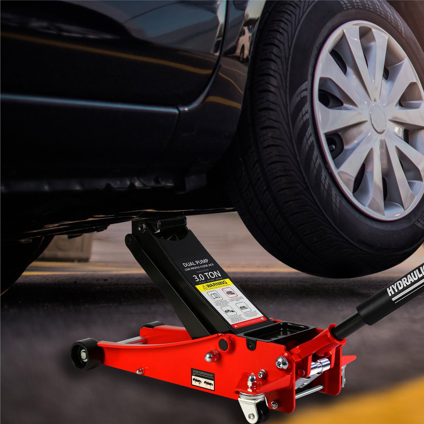 Ultra-Low Profile Dual Piston Hydraulic Car Jack, Red and Black, 3 Ton Capacity, Lifting Range 3.3-19.7