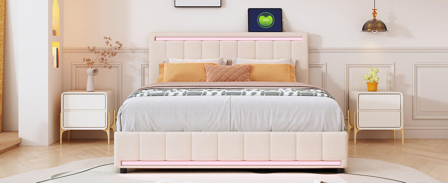 Queen Size Upholstered Bed with LED Light and 4 Drawers,  Modern Platform Bed with a set of Sockets and USB Ports, Linen Fabric, Beige