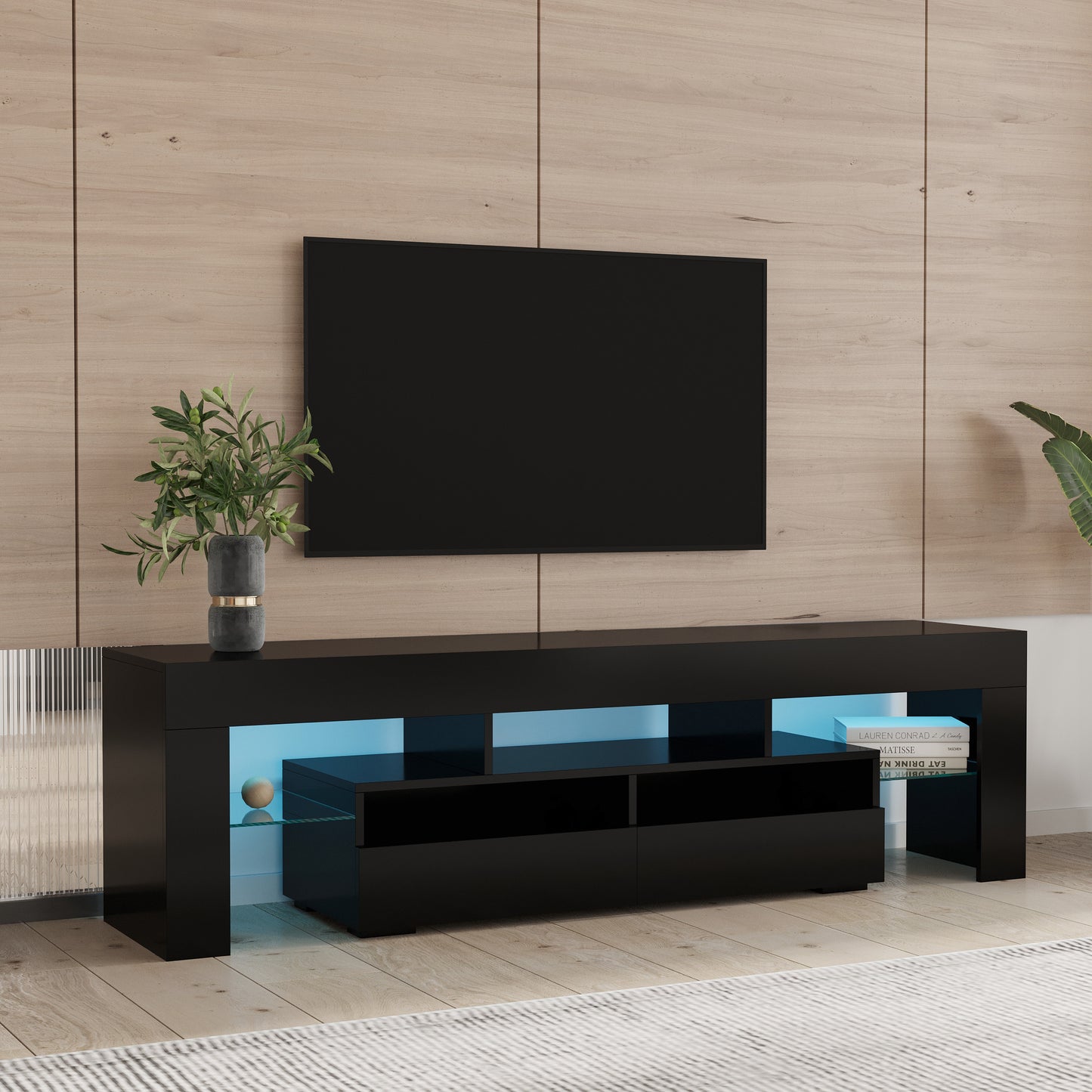 Modern Black TV Stand Cabinet with RGB LED Lights and Storage