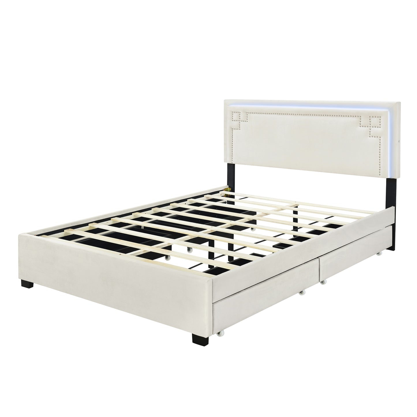 Queen Size Upholstered Platform Bed with Rivet-decorated Headboard, LED bed frame and 4 Drawers, Beige