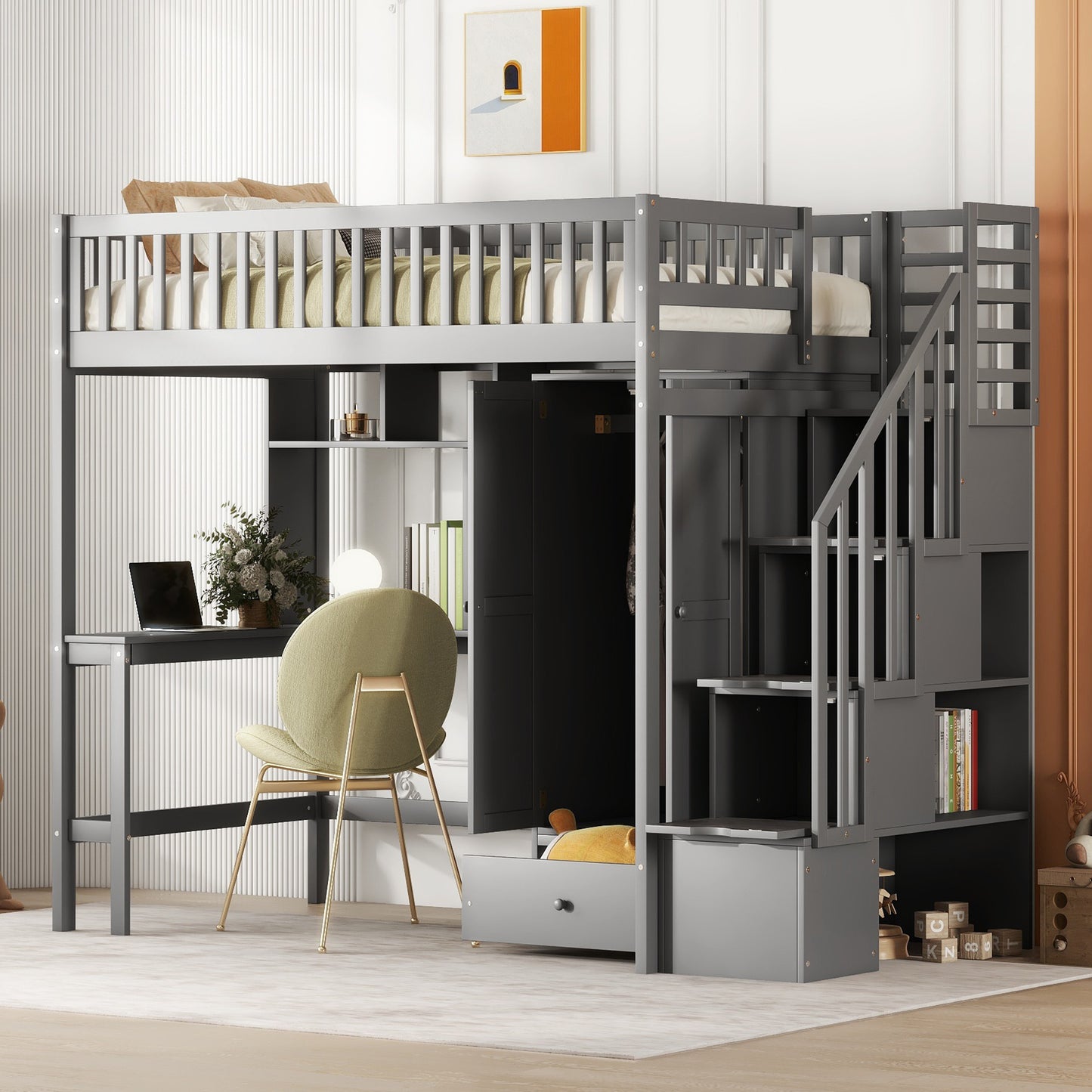 Twin size Loft Bed with Bookshelf,Drawers,Desk,and Wardrobe-Gray