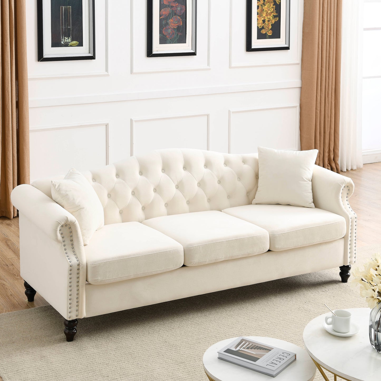 3-Seater Beige Velvet Chesterfield Sofa Set with Nailhead Trim and Low Back