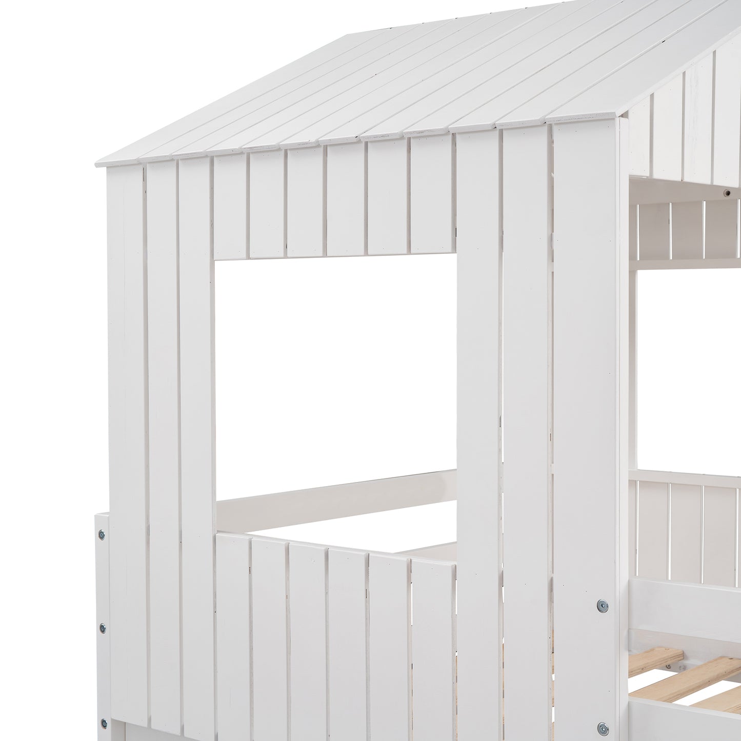 White Wooden Bunk Bed with Playhouse and Slide - Farmhouse Style