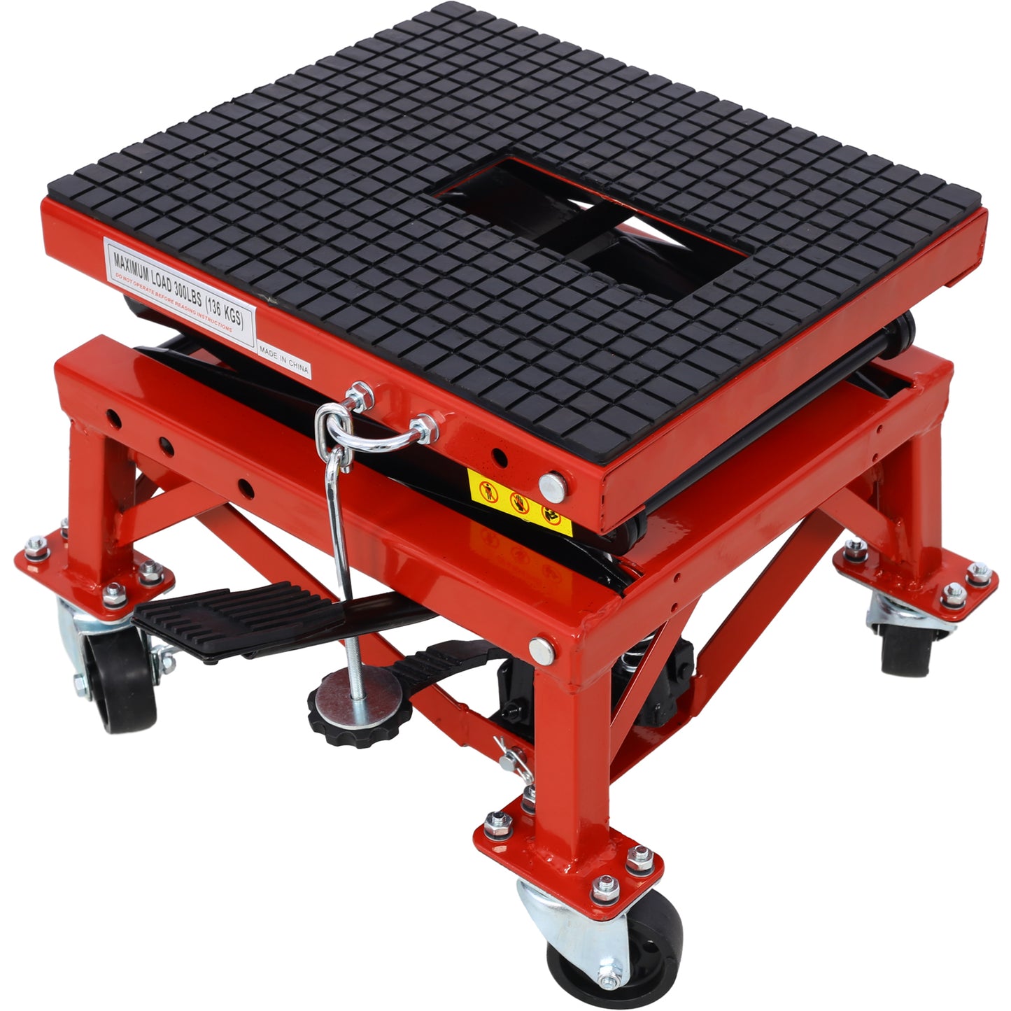 300 lbs Hydraulic Motorcycle Scissor Jack Lift Foot Step Wheels for Small Dirt Bikes,red color