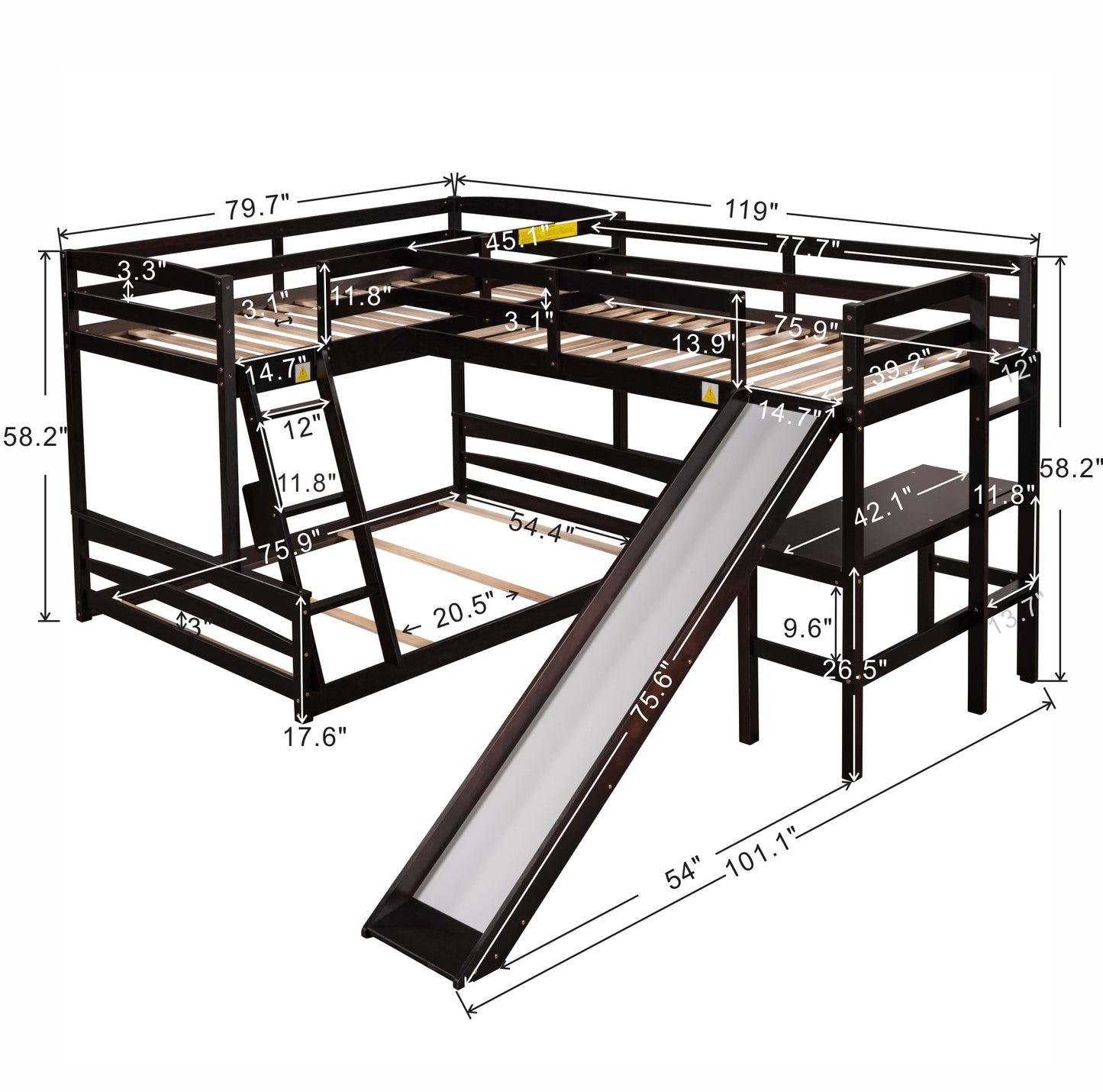 Ultimate Combo Bunk Bed with Loft Bed, Desk, and Slide - Espresso Twin over Full