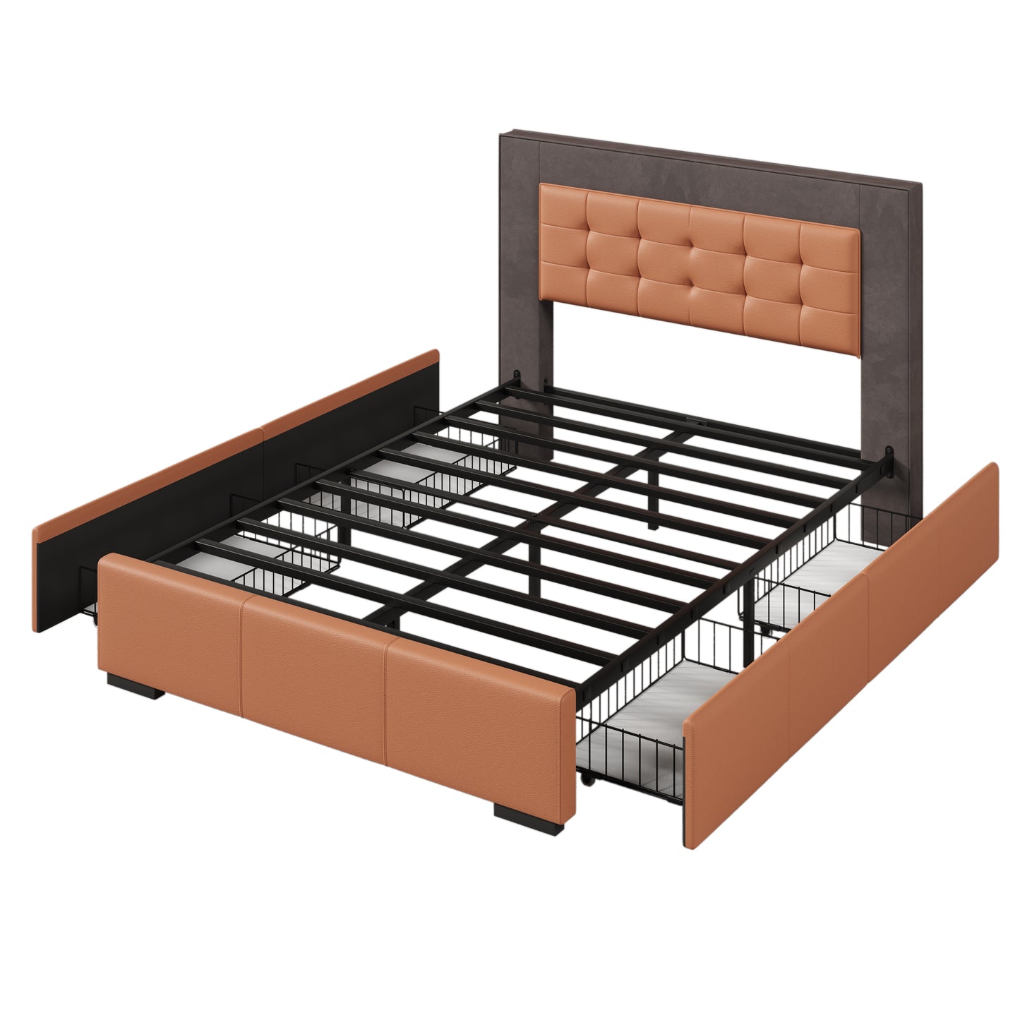 Modern Style Upholstered Queen Platform Bed Frame with Four Drawers, Button Tufted Headboard with PU Leather and Velvet, Two Color, Orange and Brown