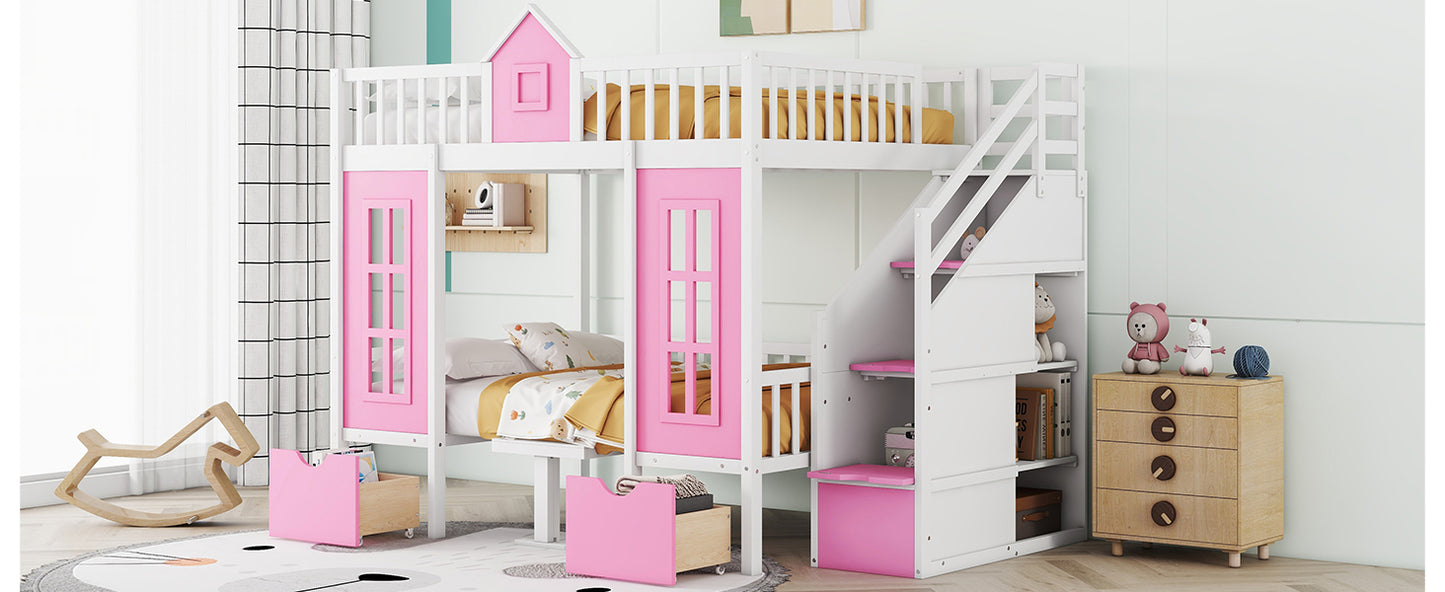 Pink Full-Over-Full Bunk Bed with Multi-Functional Table