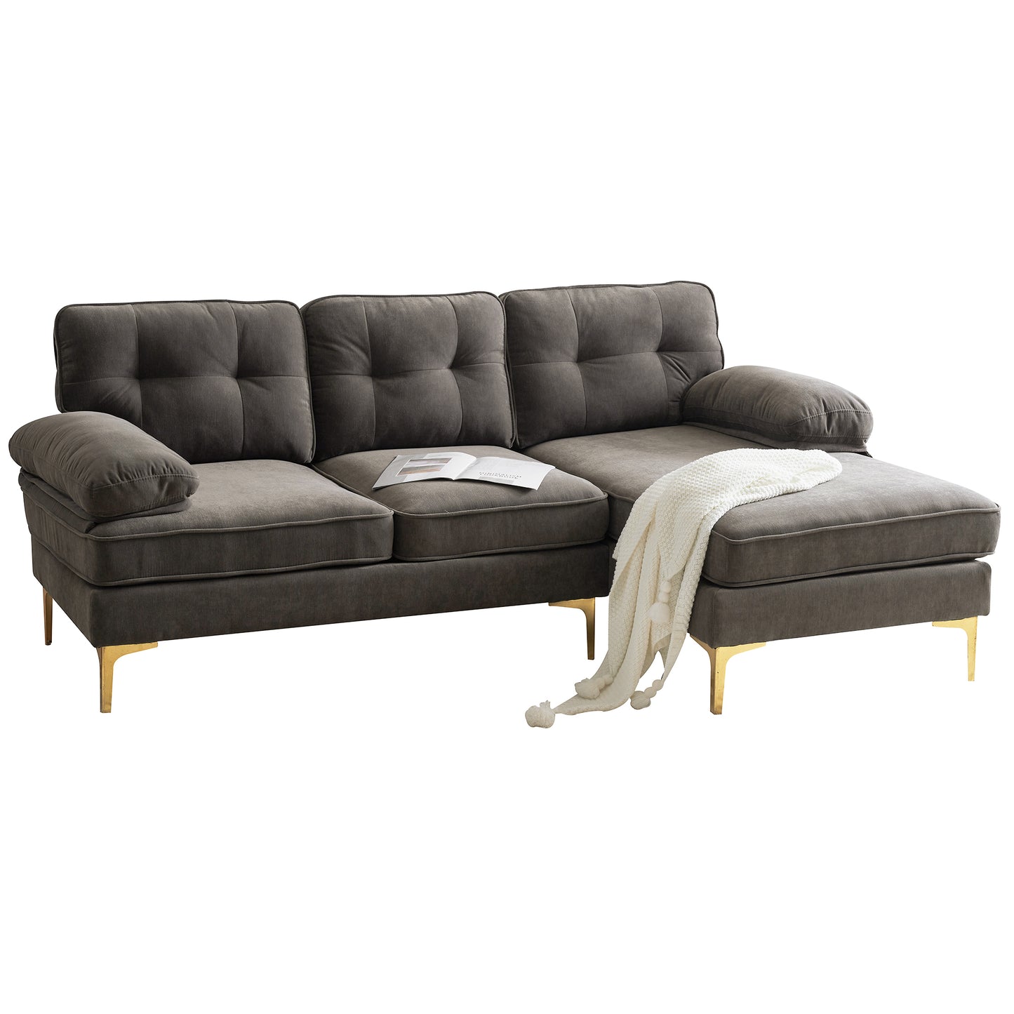 Luxurious Brown Velvet L-Shaped Modern Sectional Sofa for Living Room or Bedroom