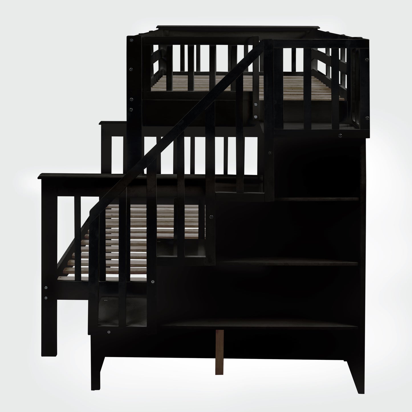 Stairway Bunk Bed with Storage, Trundle, and Guard Rail in Espresso Finish for Adults