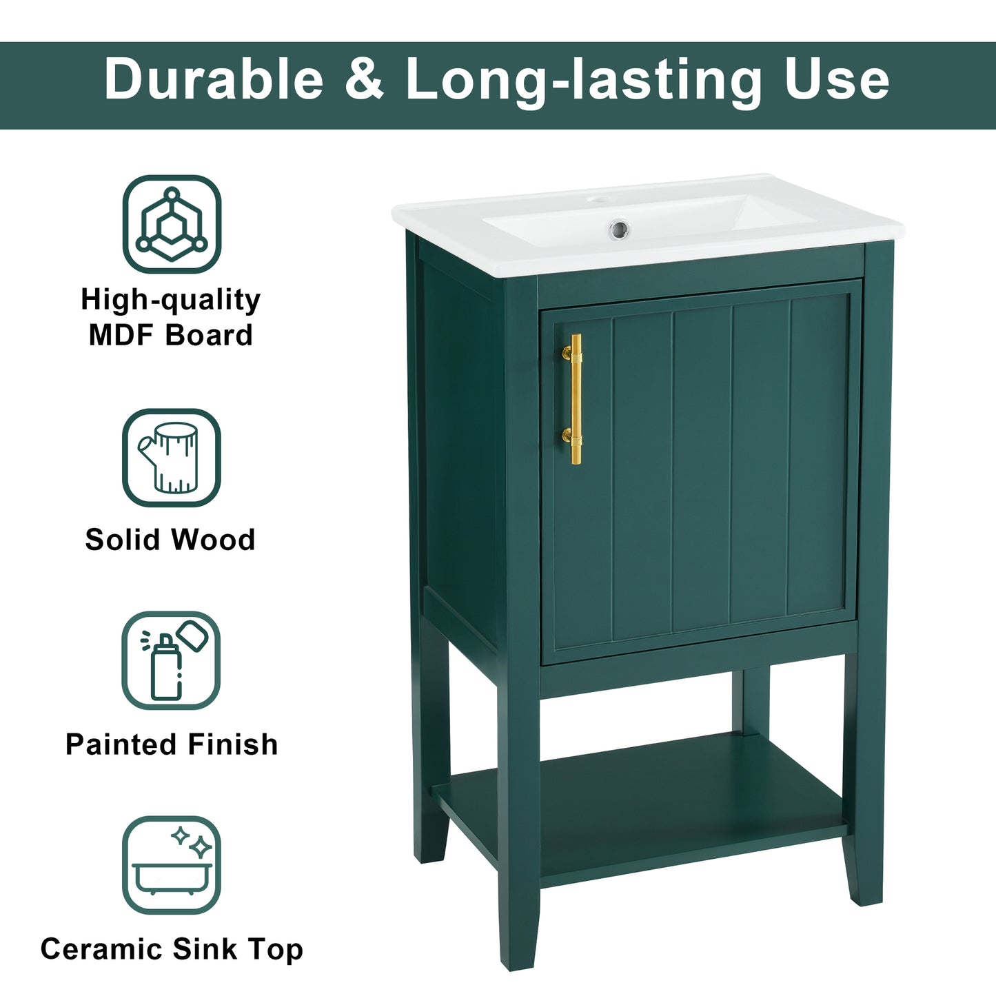 20" Bathroom Vanity with Sink, Bathroom Cabinet with Soft Closing Door, Storage Rack and Open Shelf, Green