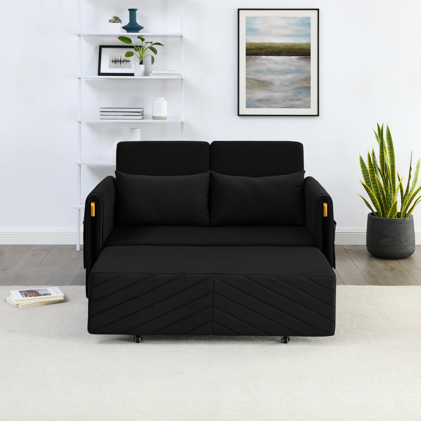 MH 54" Modern Convertible Sofa Bed with 2 Detachable Arm Pockets, Velvet Loveseat Sofa with Pull Out Bed, 2 Pillows and Living Room Adjustable Backrest, Grid Design Armrests, Black