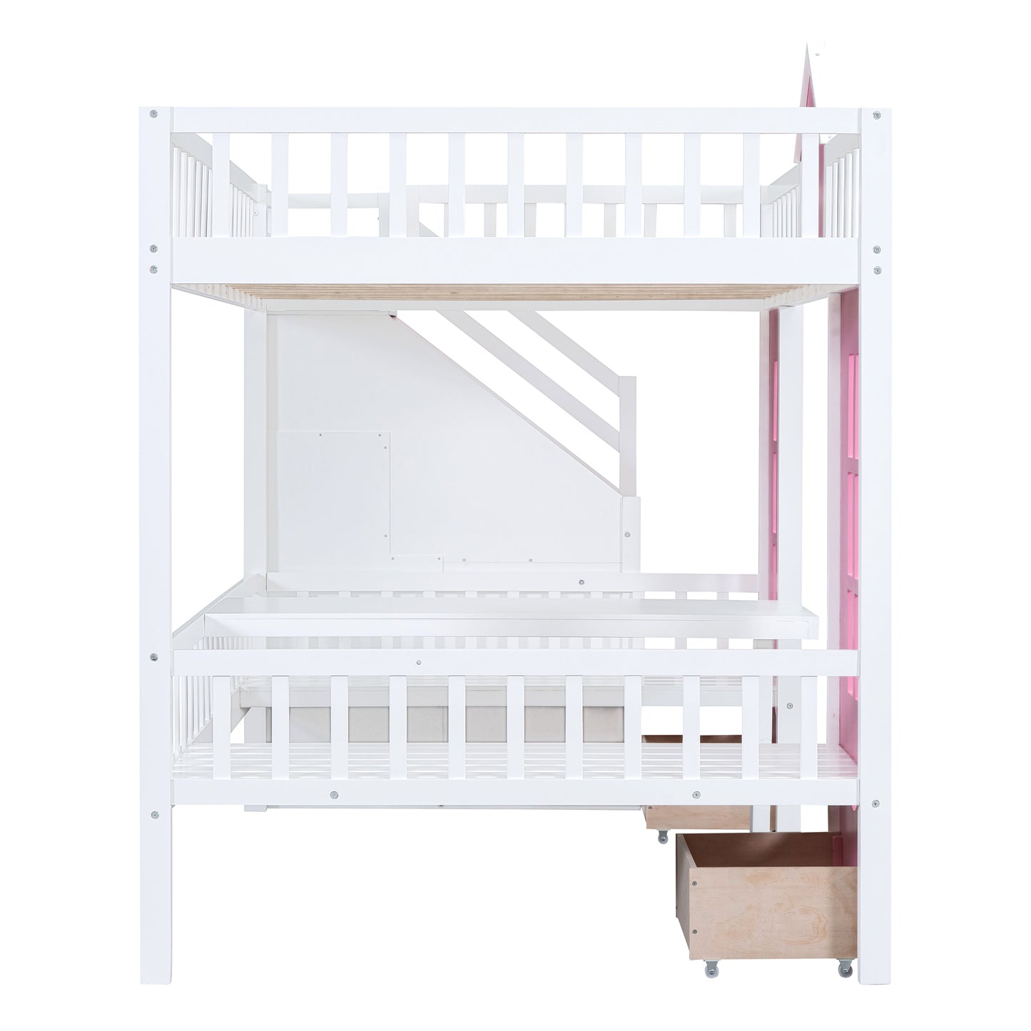 Pink Full-Over-Full Bunk Bed with Multi-Functional Table