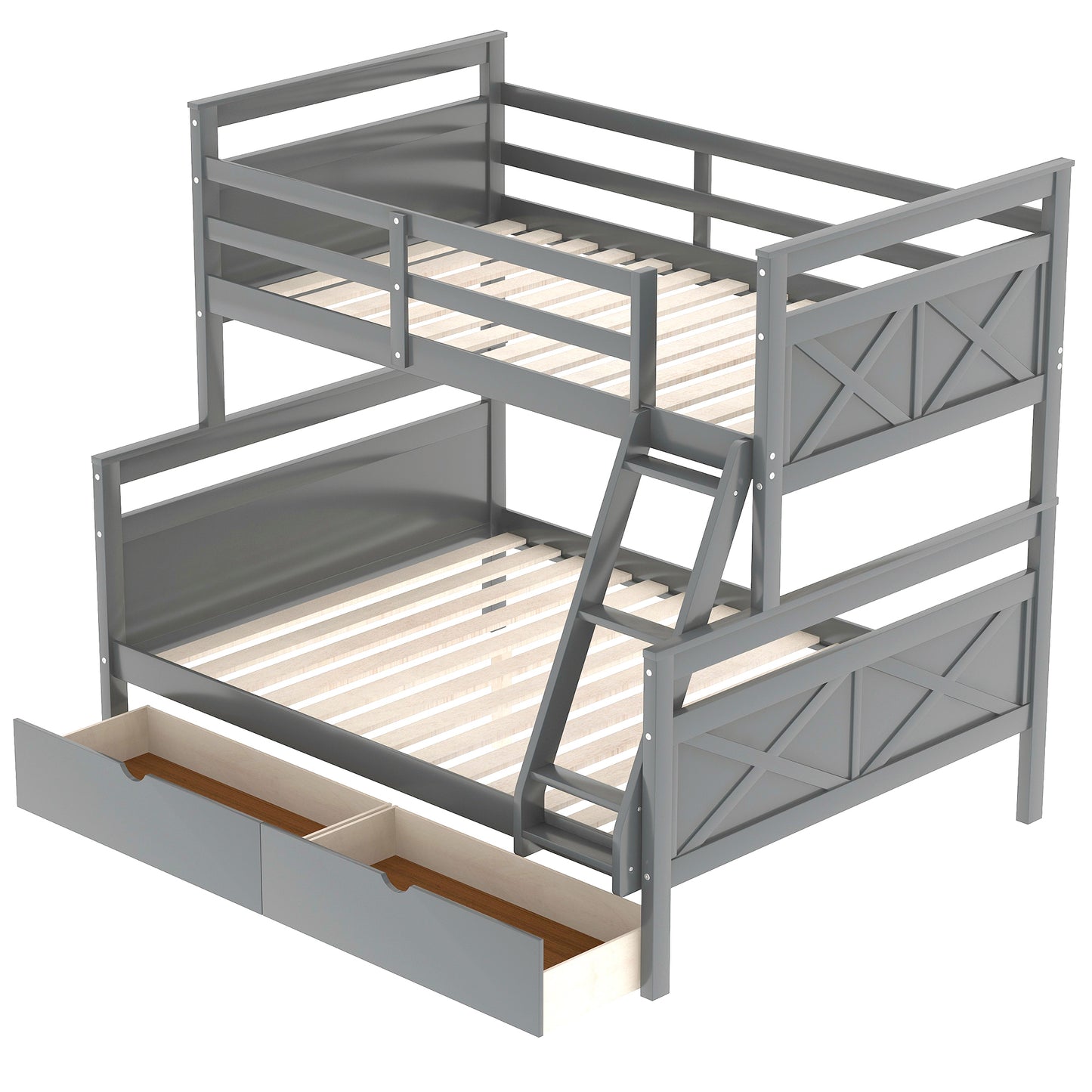 Versatile Gray Twin over Full Bunk Bed with Storage Drawers, Guardrail, and Ladder