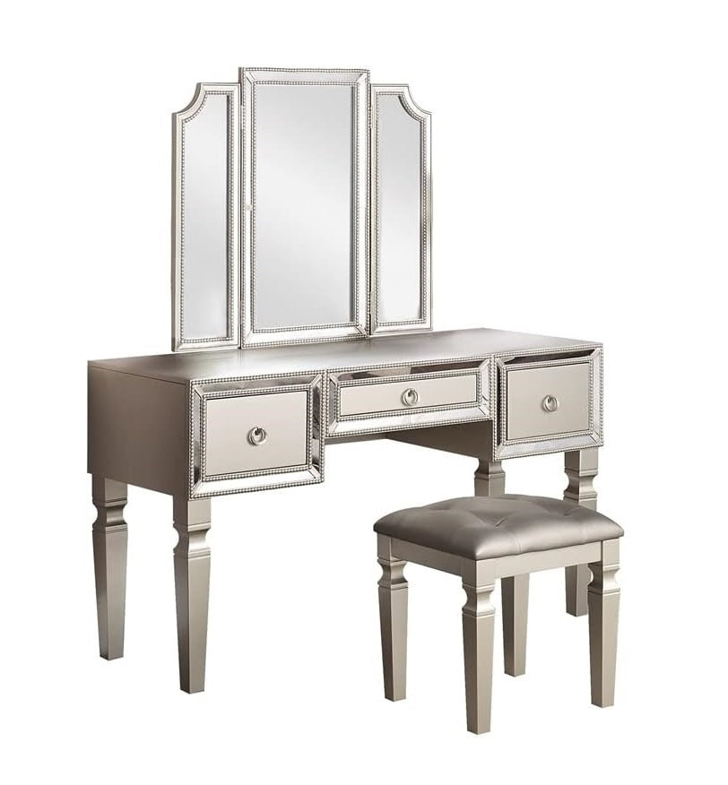 Luxurious Majestic Classic Silver Color Vanity Set w Stool 3- Storage Drawers 1pc Bedroom Furniture Set Tri-Fold Mirror