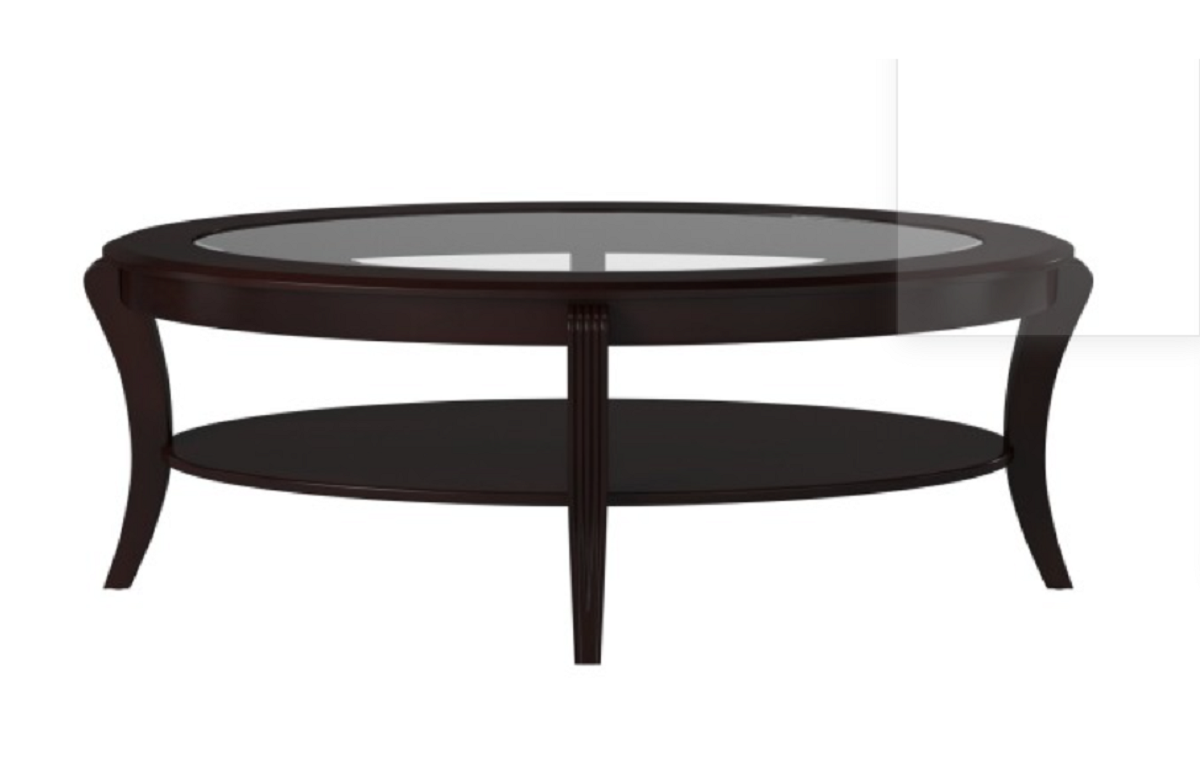 Elegant Espresso Cocktail Table with Glass Inserted Top and Curved Legs