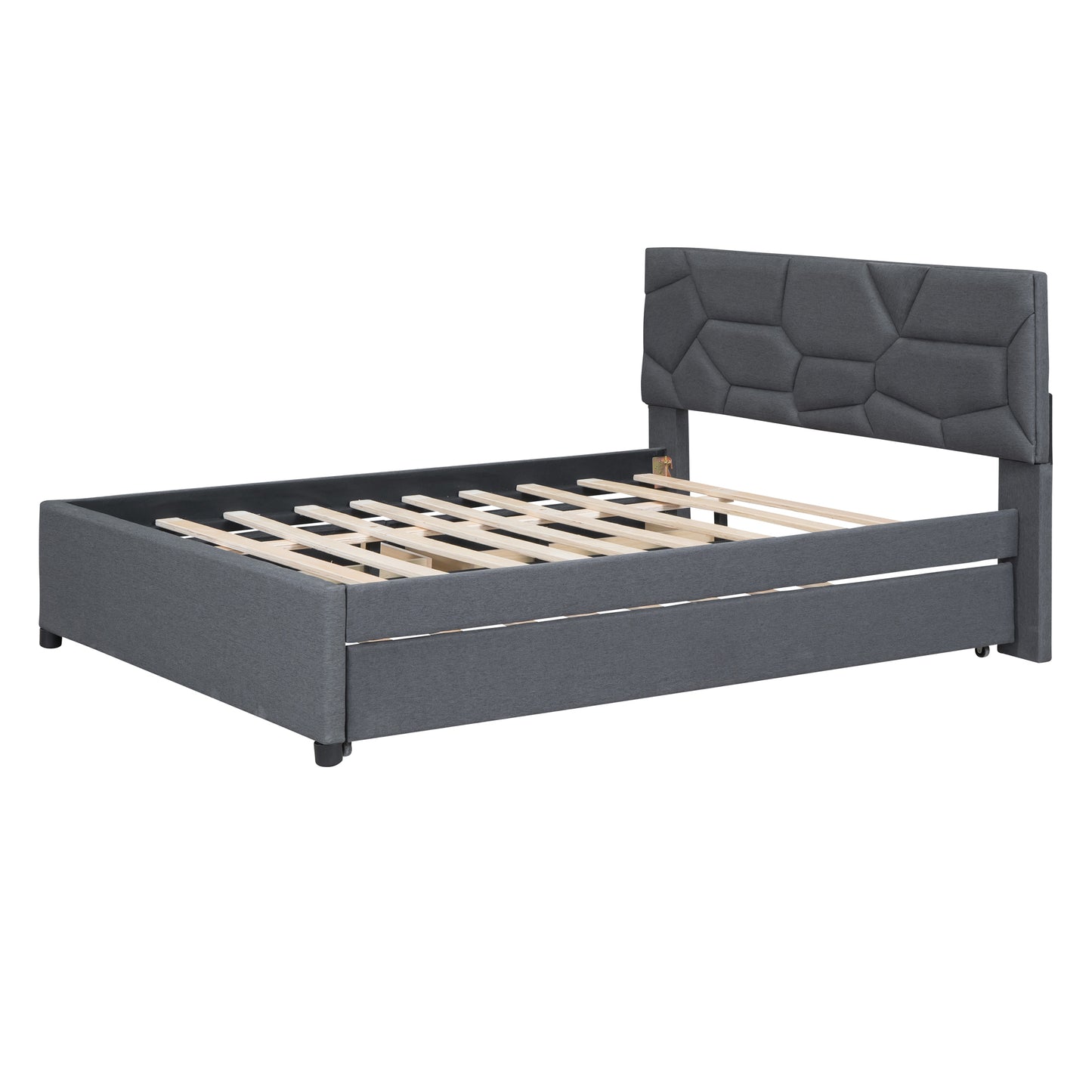 Full Size Upholstered Platform Bed with Brick Pattern Headboard, with Twin Size Trundle and 2 Drawers, Linen Fabric, Gray