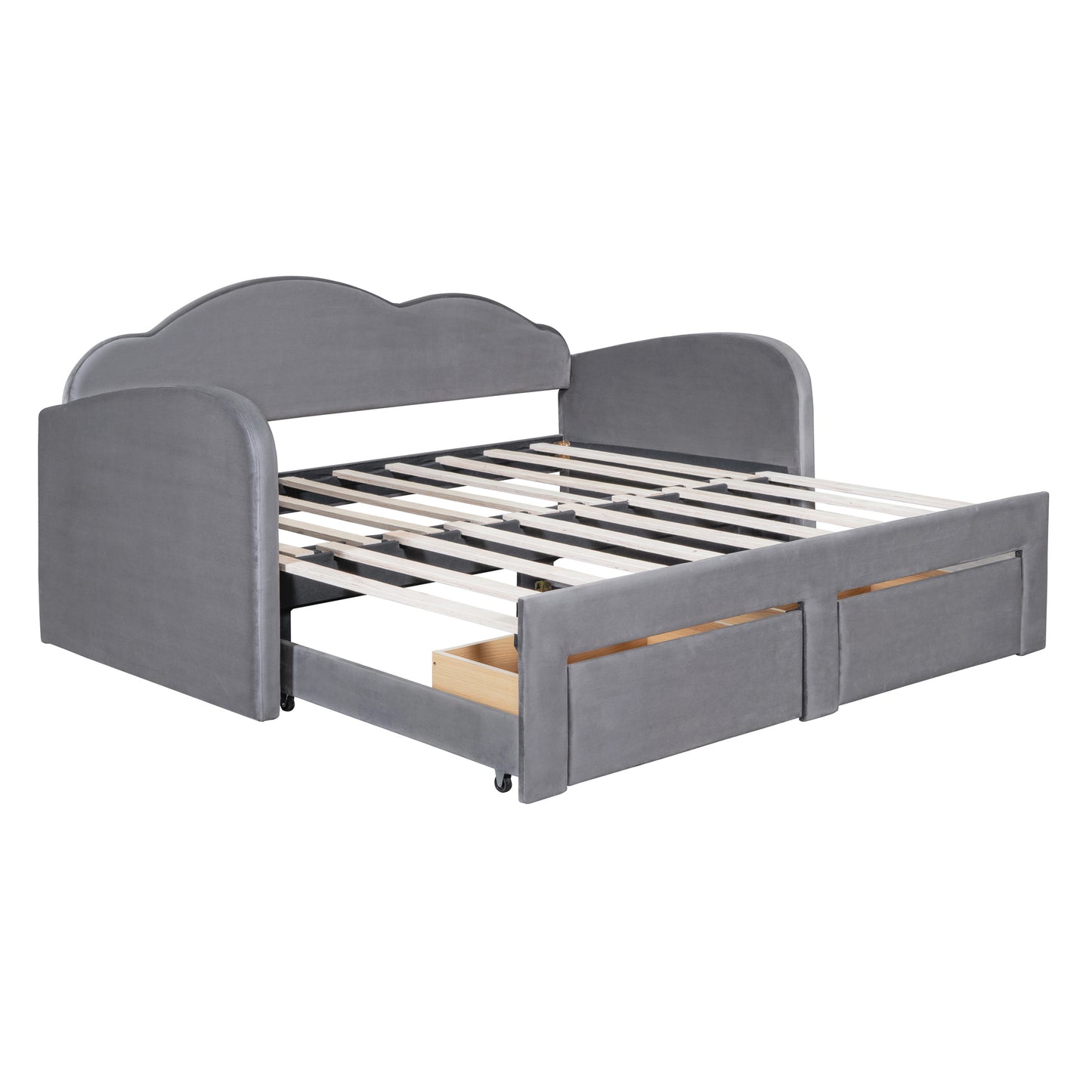 Twin Size Upholstered daybed with Cloud-Shaped Backrest, Trundle & 2 Drawers and USB Ports, Gray