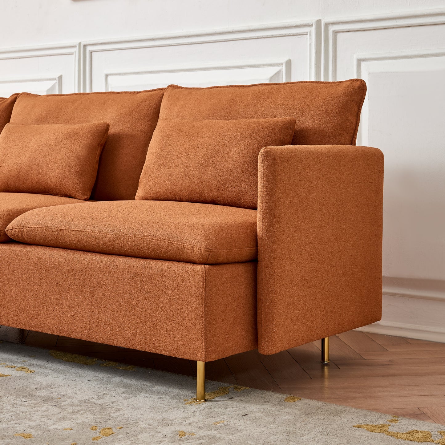 Modern Orange L-Shaped Sectional Sofa with Support Pillows