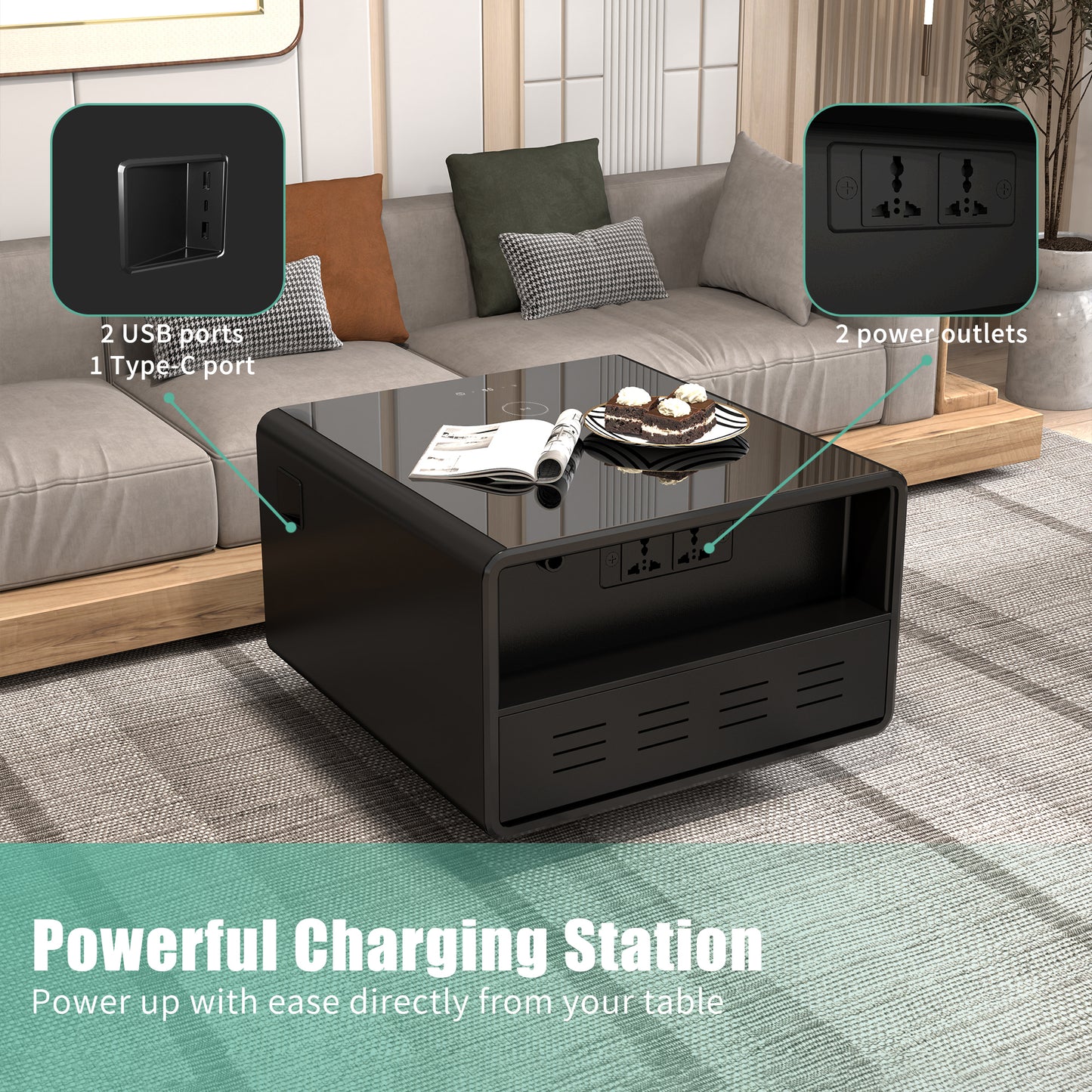 Modern Smart Side Table with Built-in Fridge, Wireless Charging, Temperature Control, Power Socket, USB Interface, Outlet Protection, Induction Light, Black