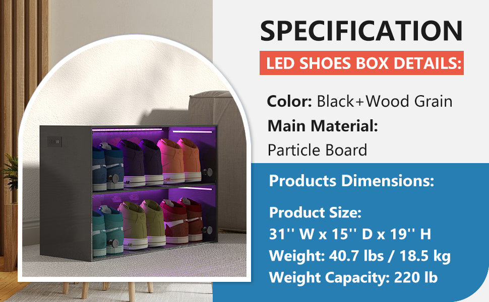 [Video] Sneaker Storage, Wooden Stackable Shoe Storage Box with Sliding Glass Door, Shoe Organizer Storage Box with RGB Led Light for Up To 6 Pairs of Shoes, Shoe Storage Bin For Display Sneakers