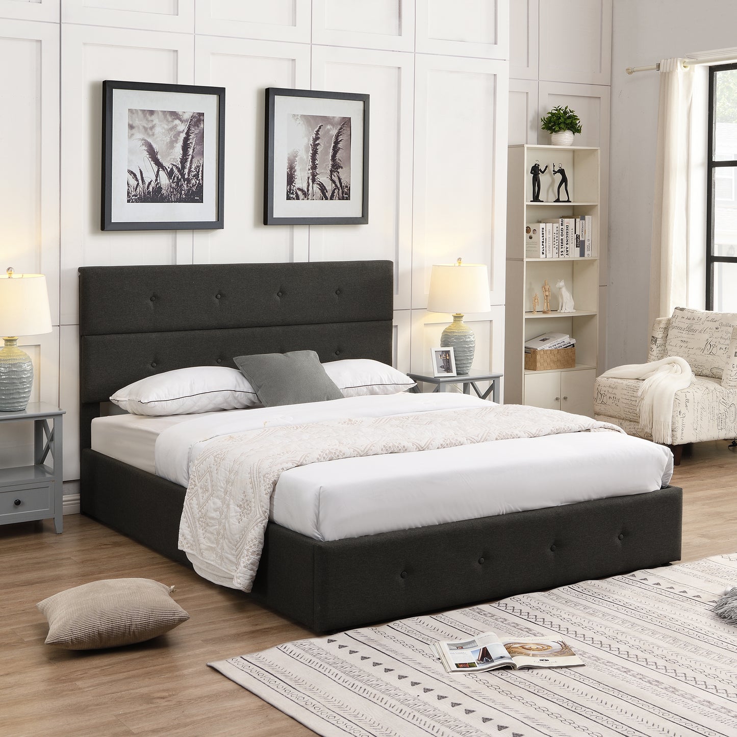 Upholstered Platform Bed with Underneath Storage,Queen Size,Gray