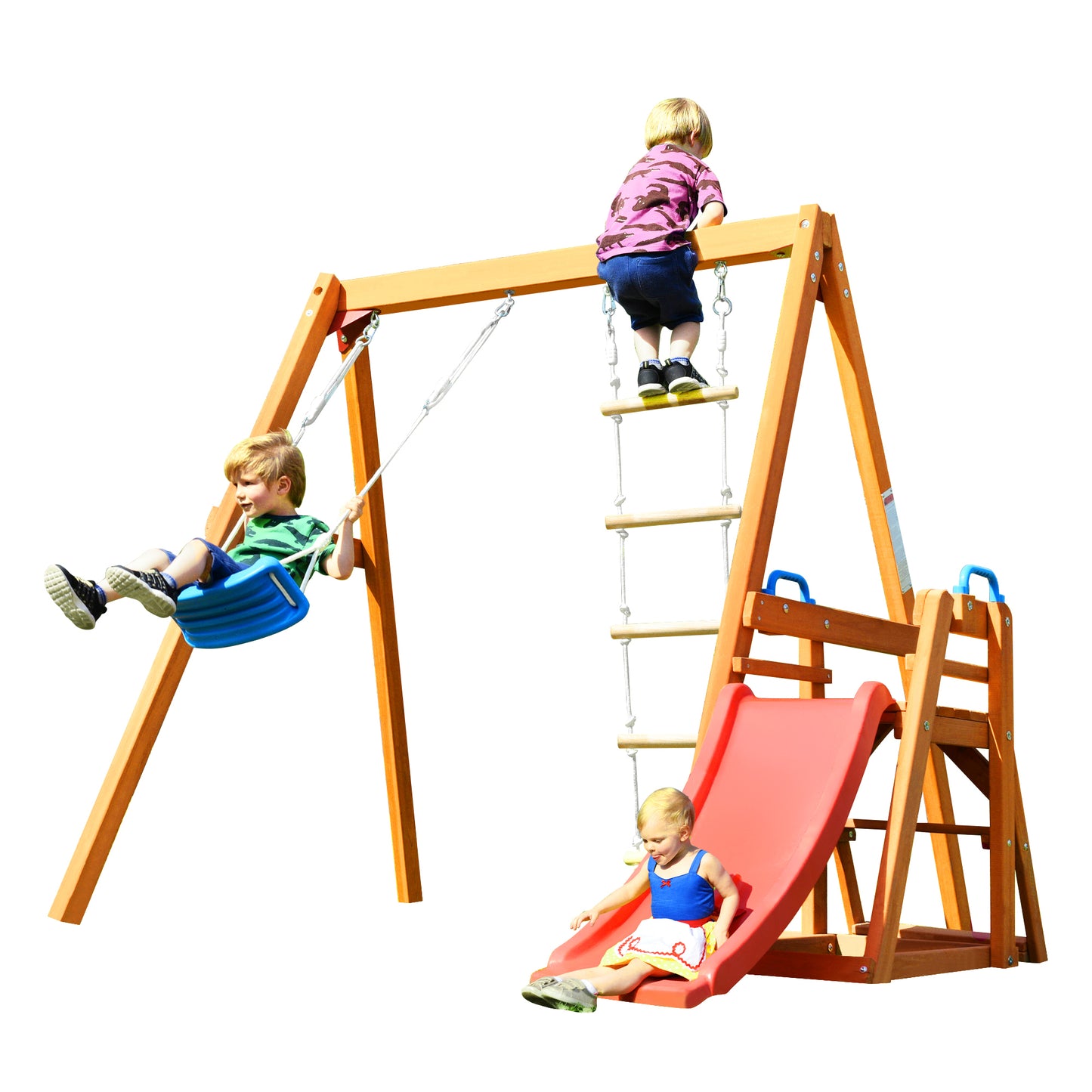 Wooden Outdoor Swing Set with Slide, Climbing Rope Ladder, and Swing for Kids