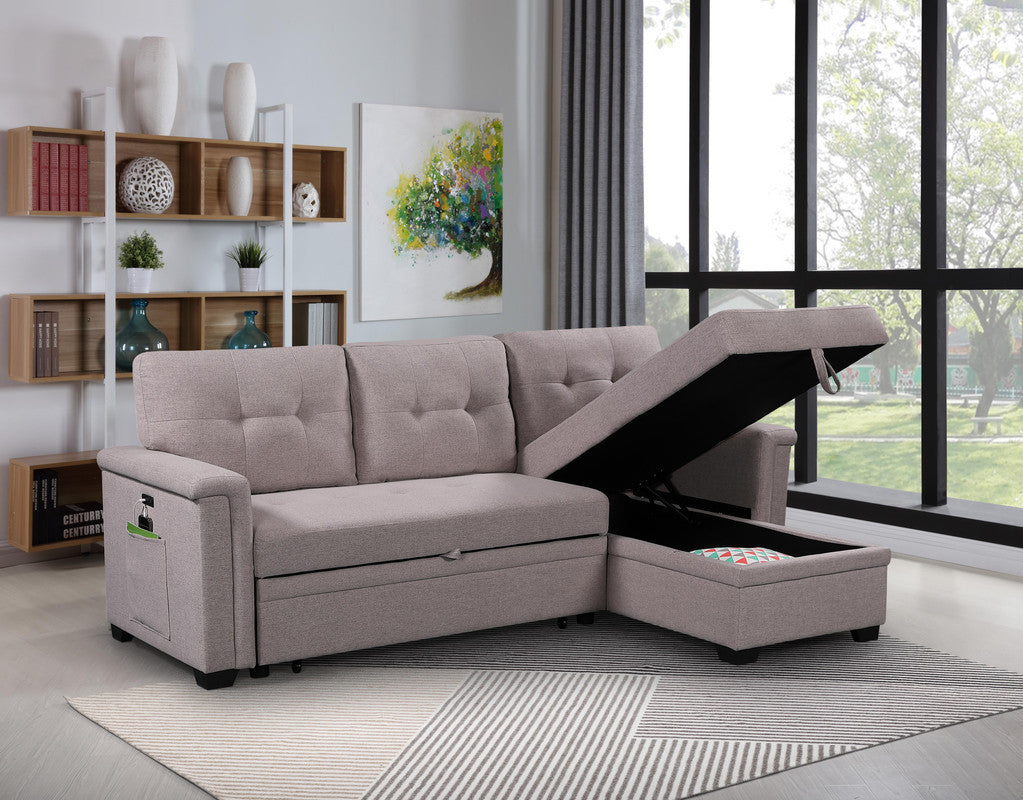 Versatile Light Gray Reversible Sleeper Sectional Sofa with Storage Chaise, USB Charging Ports and Pocket