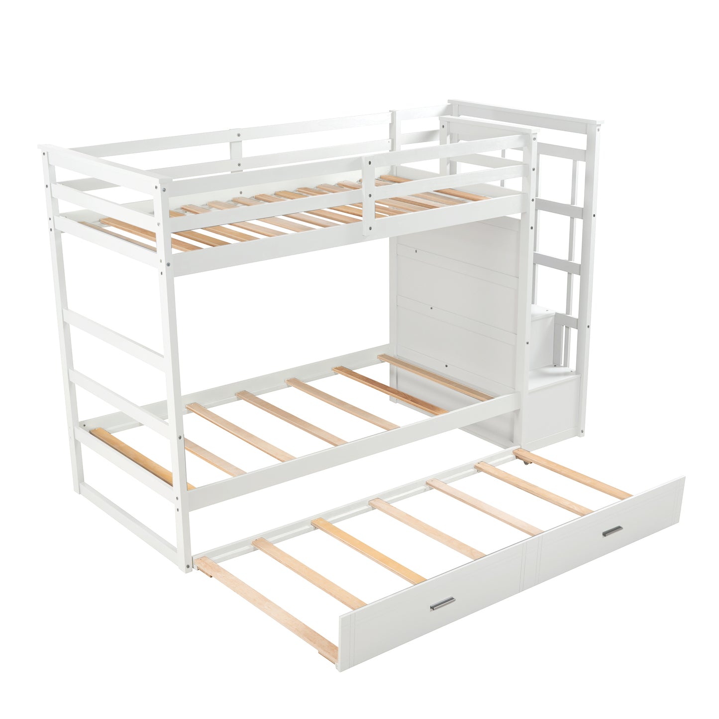 White Solid Wood Twin Bunk Bed with Trundle and Staircase