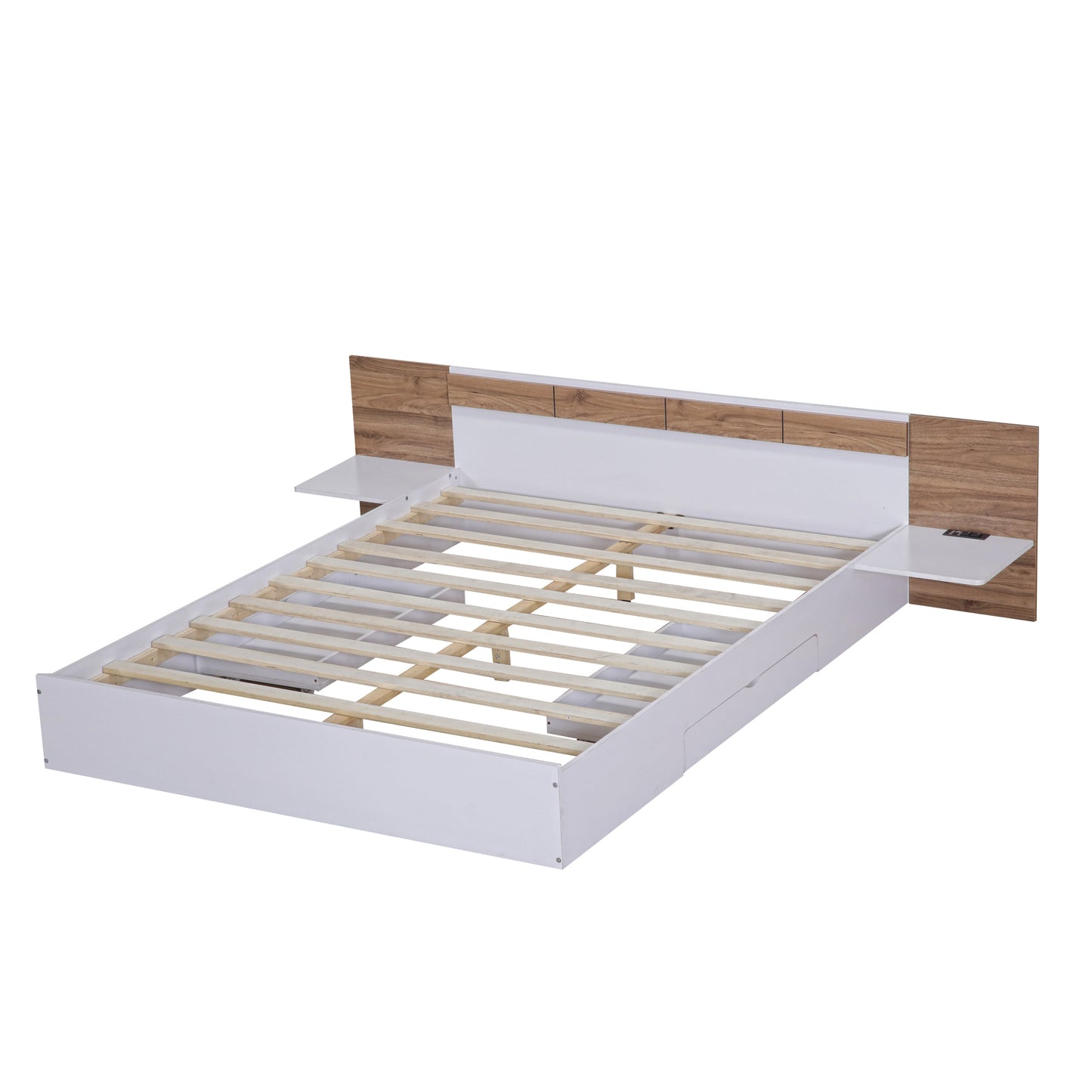 Queen Size Platform Bed with Headboard, Drawers, Shelves, USB Ports and Sockets, White