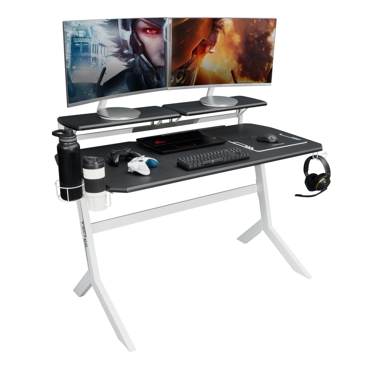 Tech-inspired White Stryker Gaming Desk with Dual Monitor Shelves, White