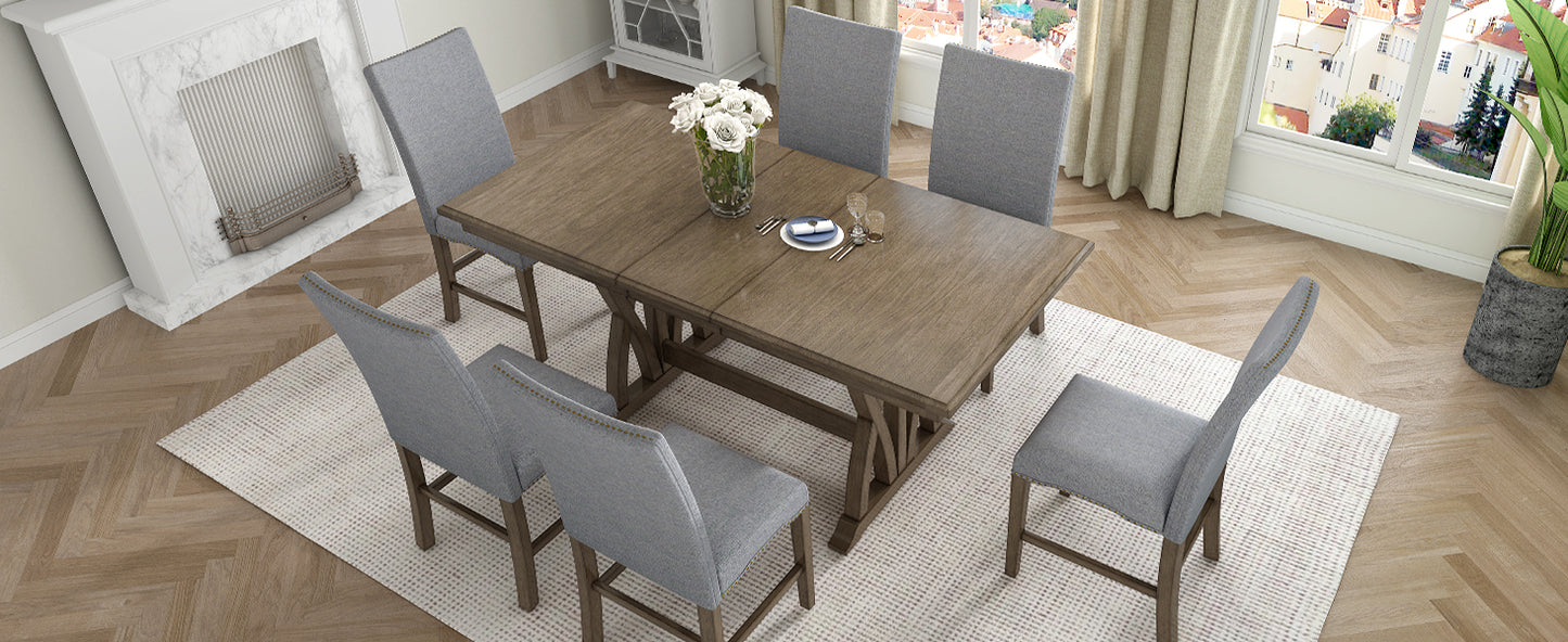 Mid-Century Solid Wood 7-Piece Dining Table Set Extendable Kitchen Table Set with Upholstered Chairs and 12" Leaf for 6, Golden Brown+Gray Cushion