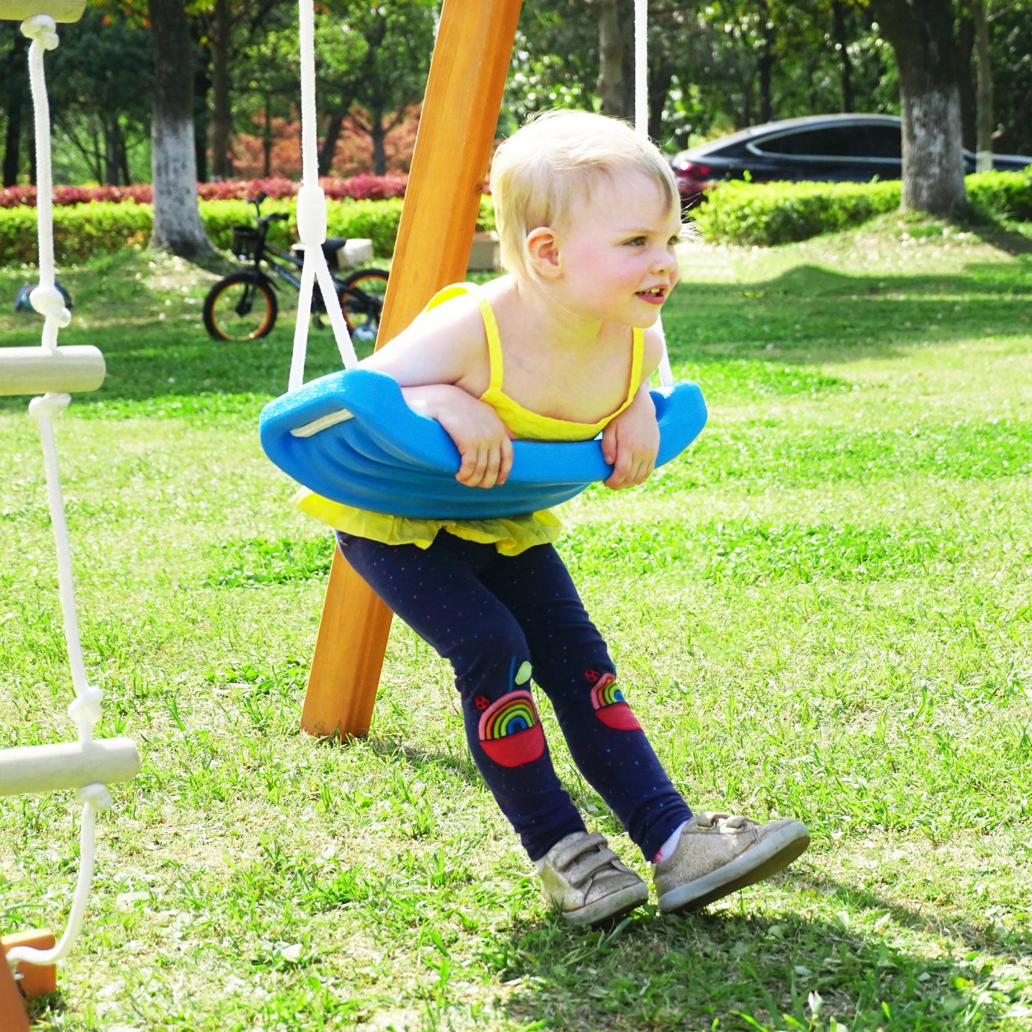 Wooden Outdoor Swing Set with Slide, Climbing Rope Ladder, and Swing for Kids