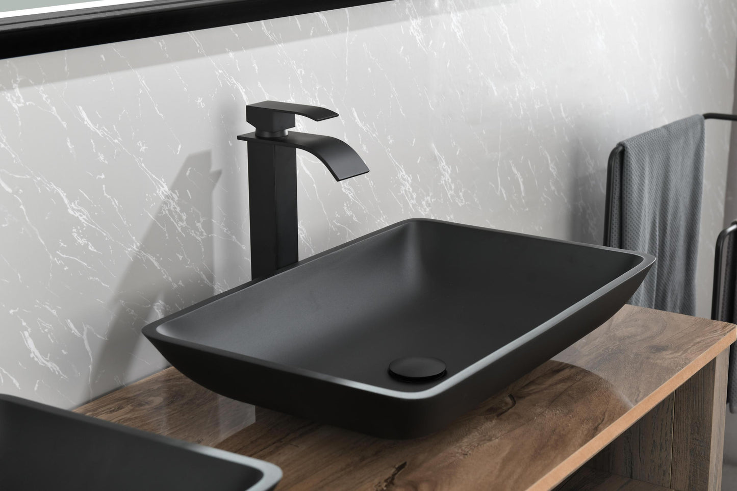 Black Matte Glass Rectangular Vessel Bathroom Sink Set with Faucet and Pop-Up Drain