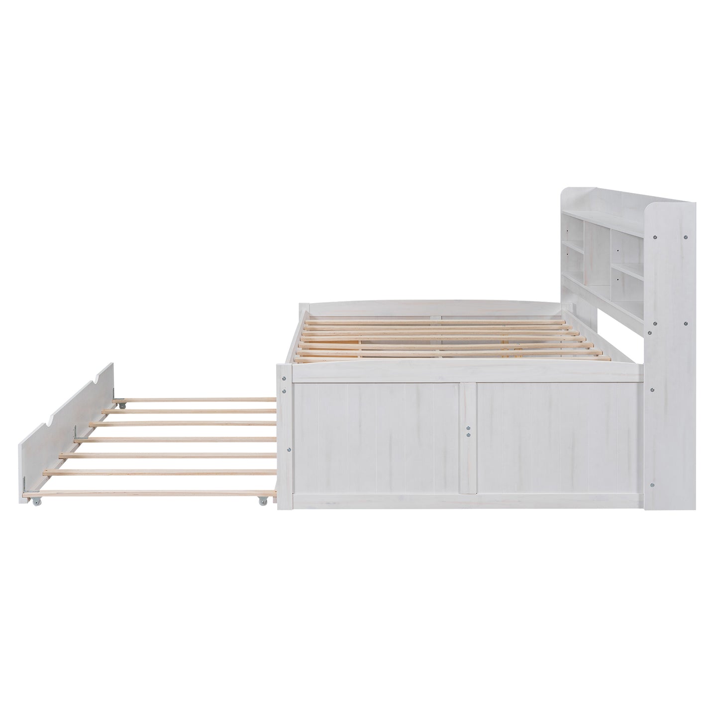 Full Size Wooden Captain Bed with Built-in Bookshelves,Three Storage Drawers and Trundle,White