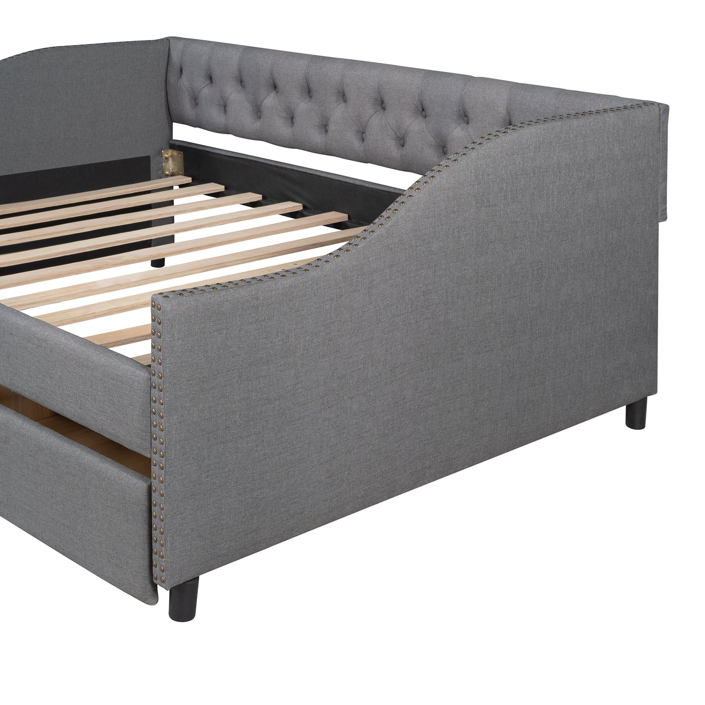 Upholstered daybed with Two Drawers, Wood Slat Support, Gray, Full Size