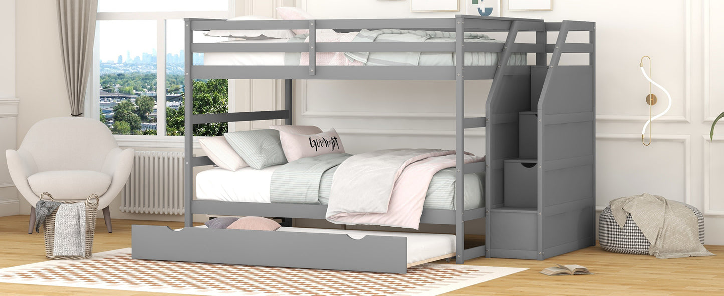 Gray Full Bunk Bed with Trundle and 3 Storage Stairs