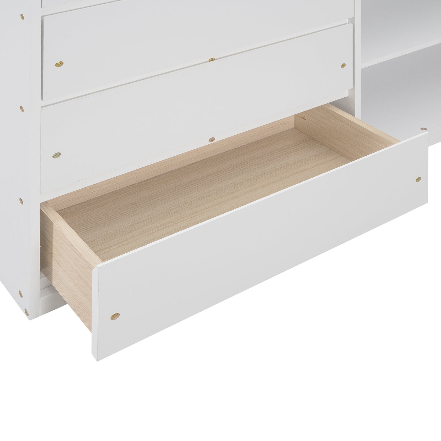 White Full over Full Bunk Bed with Storage, Shelves, and Drawers